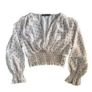 Zara Polka Dot Smocked Womens Cropped Top Blouse Size Medium
